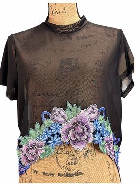 Fashion Nova Sheer Black Mesh Crop Top with Purple & Blue Floral Appliqué. EC 3X